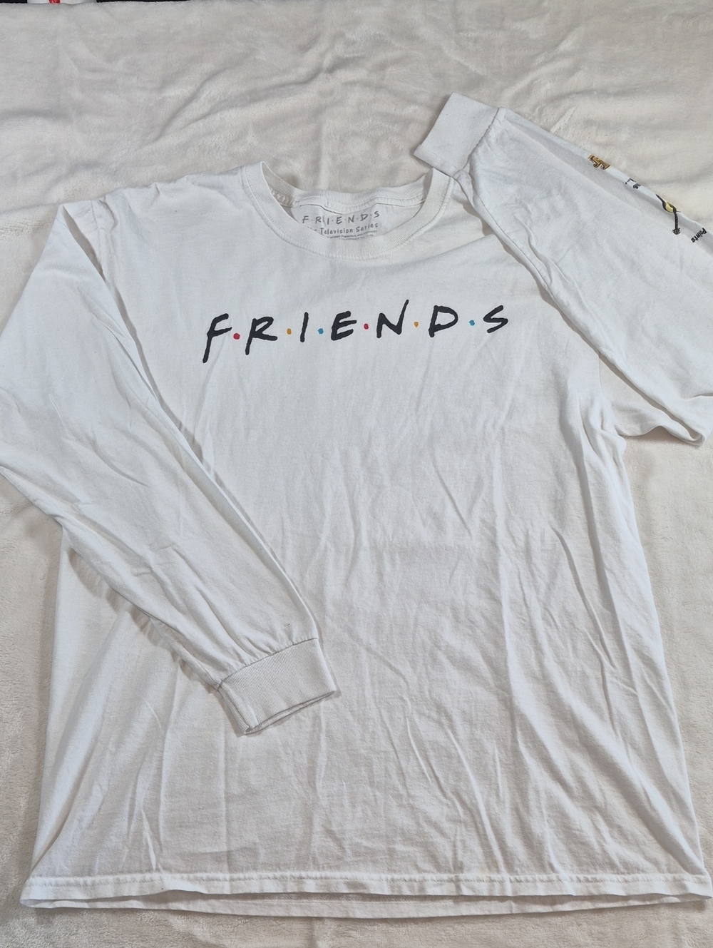 FRIENDS White Long Sleeve Tee with Black Logo and Multicolor Dots